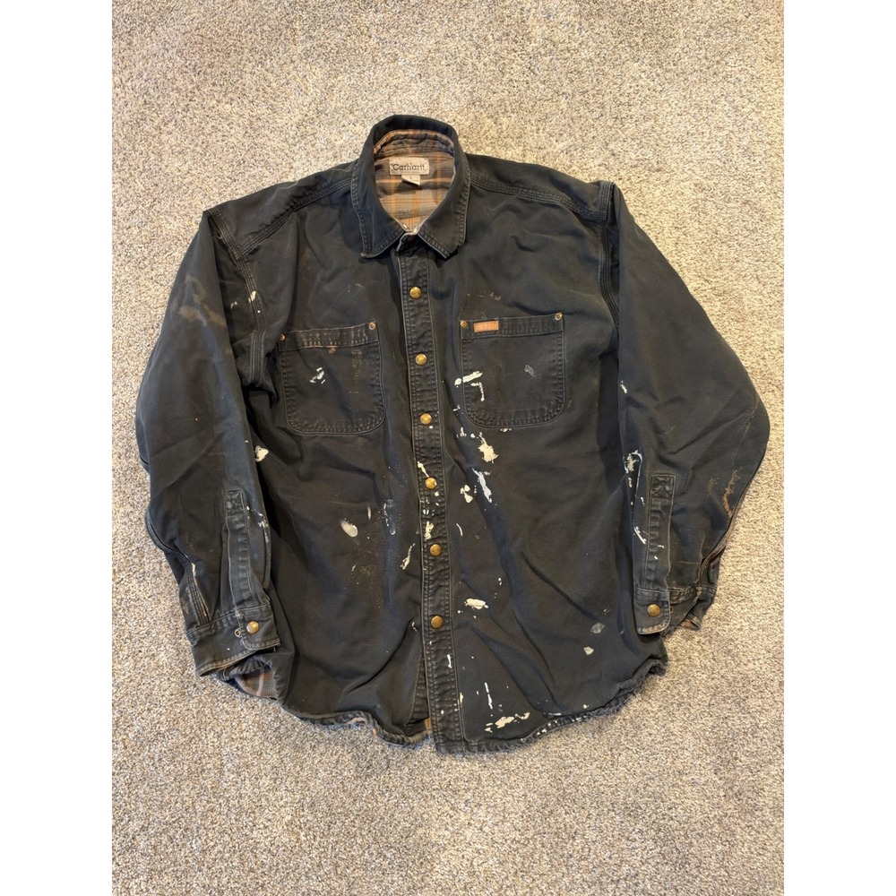 Carhartt Shirt Jacket Mens L Black S96BLK Canvas Flannel Distressed Workwear *